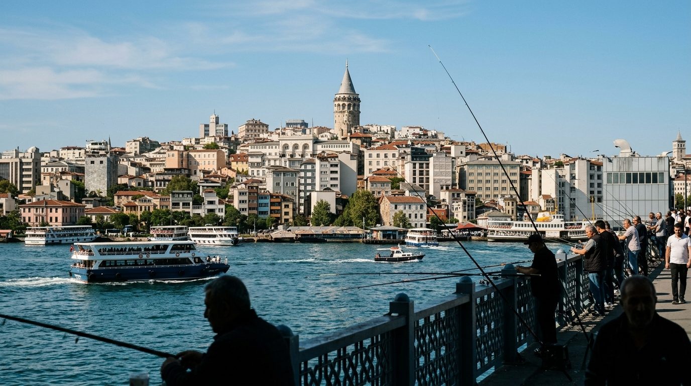 Galata Tower rising above the Karaköy waterfront as seen from Galata Bridge over the Golden Horn