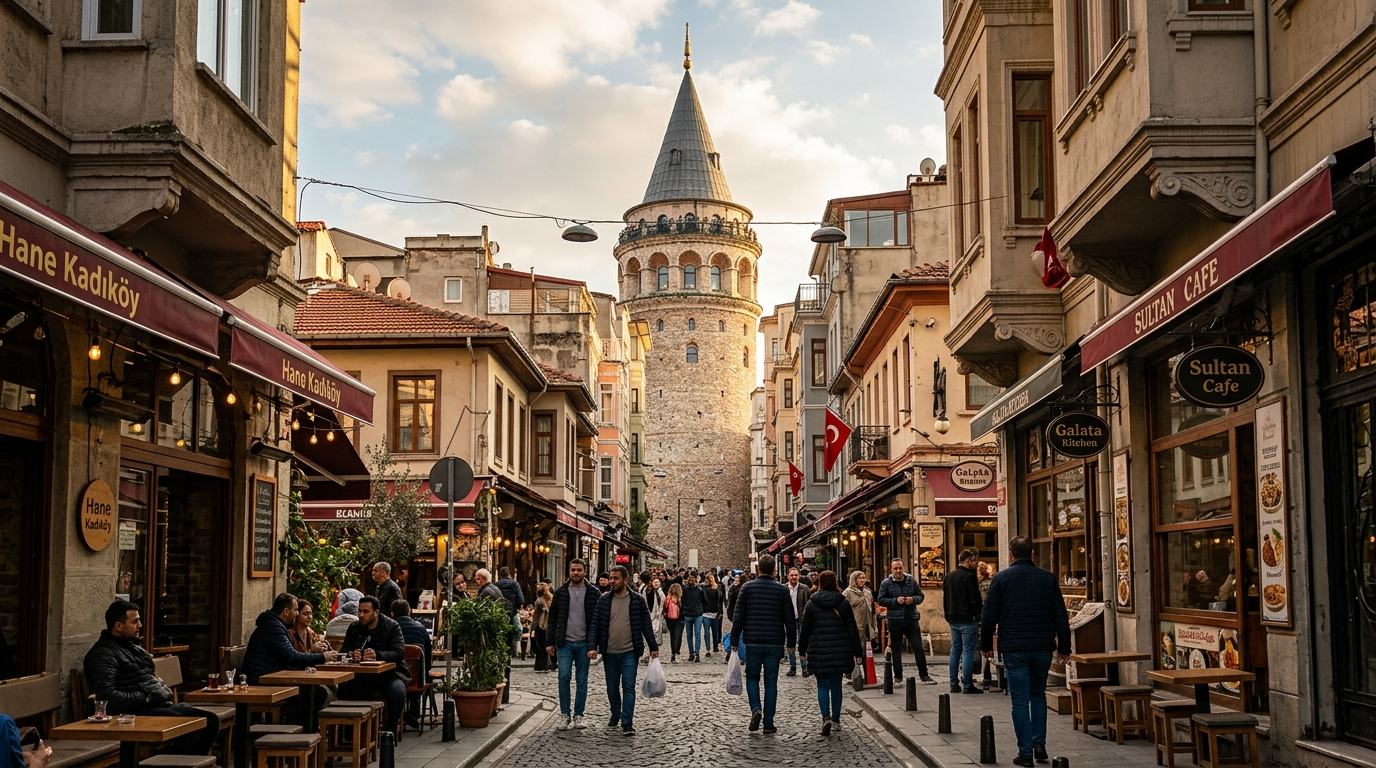 Galata Tower rising above the rooftops of the old Galata quarter in Istanbul, seen from street level