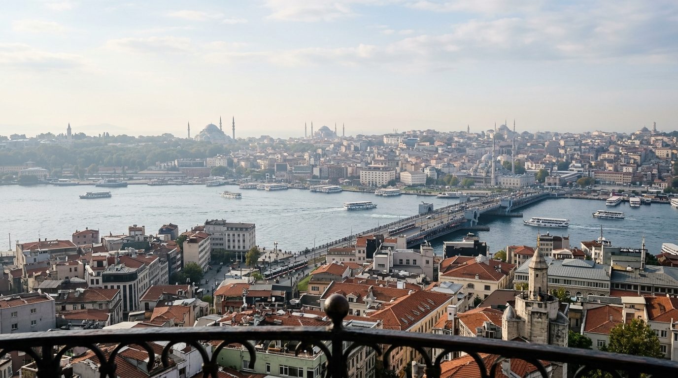 Panoramic view over Istanbul's old city and the Golden Horn from the observation balcony of Galata Tower
