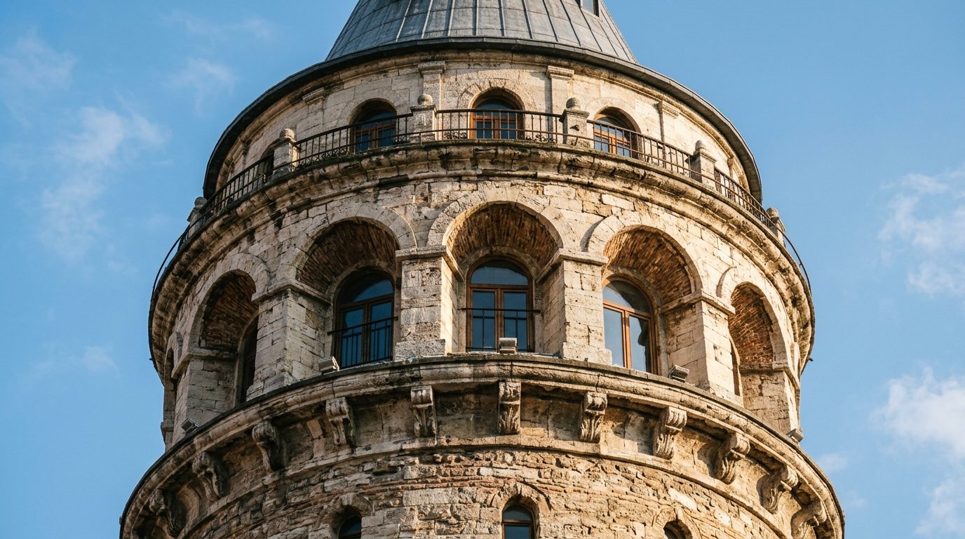 Close view of Galata Tower's medieval stone masonry, arched windows and upper balcony against a blue sky
